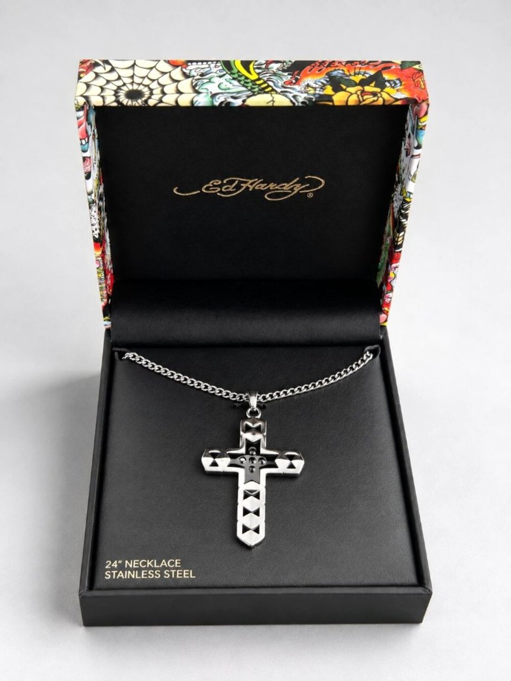 Ed Hardy Stainless Steel Cross Necklace 24" w Box Tattoo-Inspired Design